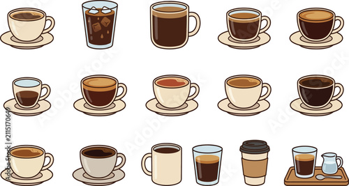 Set of flat vector illustrations featuring various types of americano coffee drinks in cups and takeaway containers
