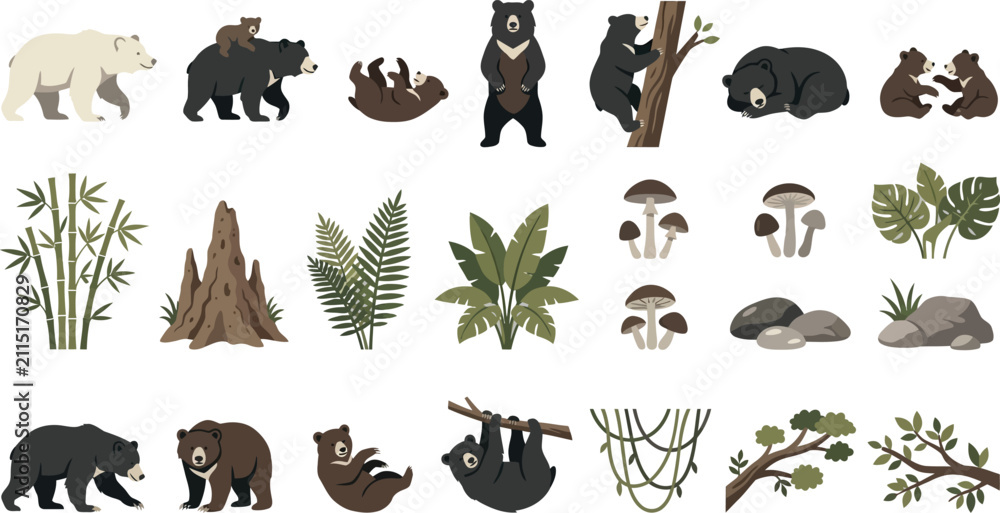 Obraz premium Set of flat vector illustrations of bears in various poses with forest plants, bamboo, and natural landscape