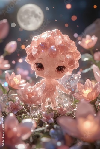 A small fairy-tale creature made of pink crystal in the shape of a flower, standing among blooming sakura against the backdrop of a full moon.
