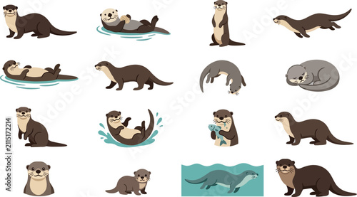 Set of sixteen cute river and sea otter vector illustrations showing various poses and activities in flat design