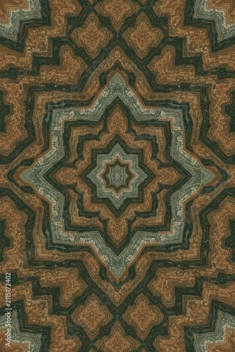 A symmetrical kaleidoscopic pattern resembling the texture of natural green and brown marble or an intricate oriental ornament.