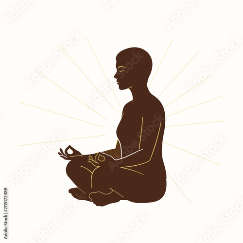 Silhouette of a person meditating in a lotus position with radiating light symbolizing inner peace and mindfulness