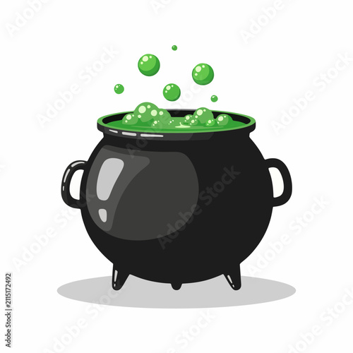 Bubbling Green Potion in a Black Cauldron with Bubbles Rising, Halloween Witchcraft Concept