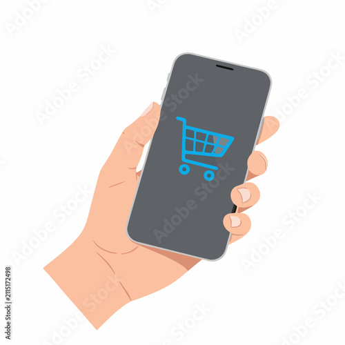 Hand holding a smartphone displaying a shopping cart icon symbolizing online shopping and e-commerce convenience