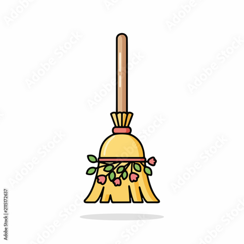 Whimsical Witchs Broom Decorated with Roses and Leaves Isolated on White Background Cartoon Style
