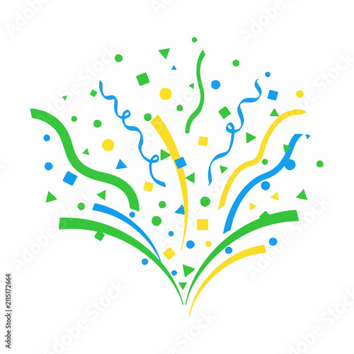 Explosion of colorful confetti and streamers in green blue and yellow celebrating a festive event or party