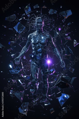 A dark futuristic figure of a man, which seems to float or fall through a web of broken mirror shards in purple neon light.