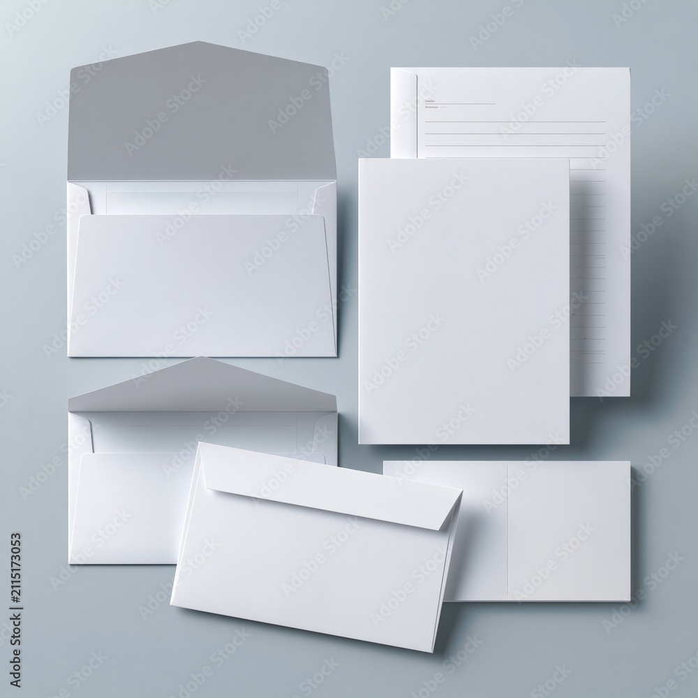Fototapeta premium Blank White Envelope and Paper Set on Light Gray Background