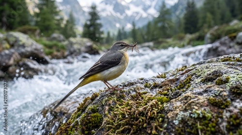 grey wagtail (motacilla cinerea) carrying an insect beside a mountain stream
