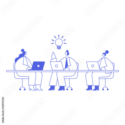 Business team working together on laptops and sharing a creative idea in a modern office, isolated on transparent background..
