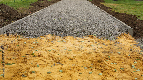 Bild auf Leinwand The process of constructing a pedestrian path using layers of crushed stone and sand