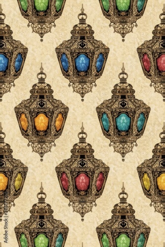 Oriental style pattern with ornamental Moroccan lanterns decorated with colorful glass on a beige background.