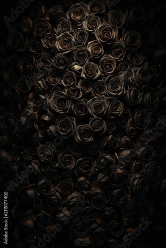 A dense and luxurious background of a large number of velvety black roses, through whose petals, in places, single warm golden reflections of light break through.