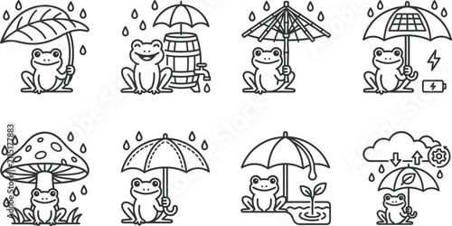 Fotografía Frogs With Various Shelter Line Icons On White Background amphibian