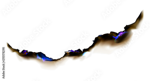 A jagged tear in paper with blue and purple sparkles on white background  torn edge closeup transparent background