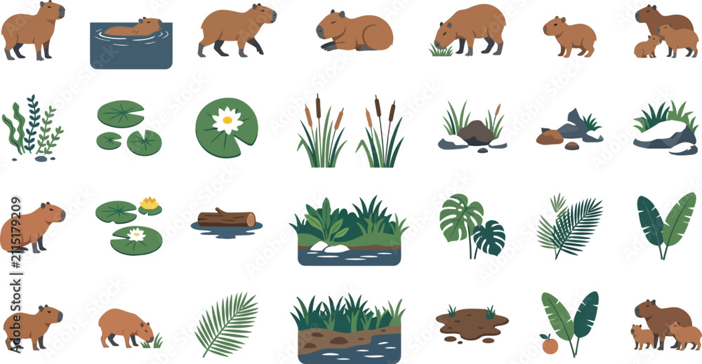 Obraz premium Capybara vector icon set with aquatic animals tropical plants lily pads and river landscape elements for design