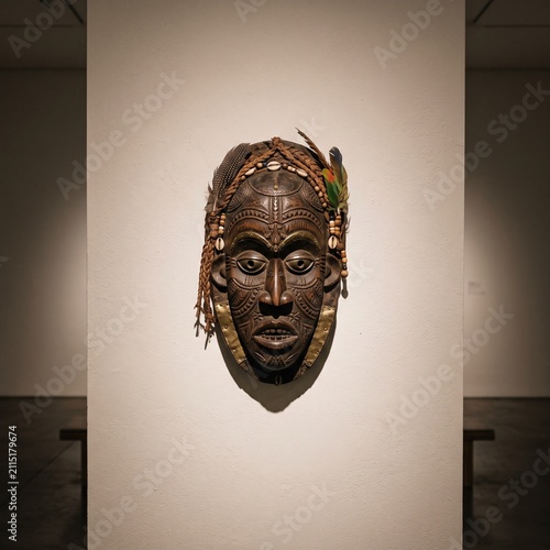 African tribal mask with feathers and shells on wall, representing ancient culture and ritual, art object.