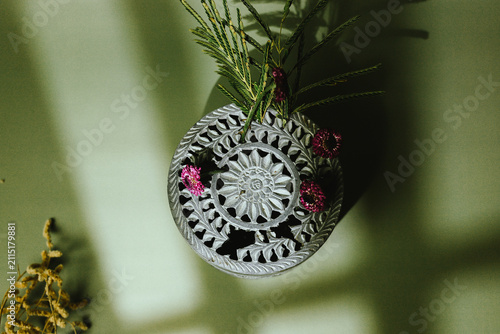 Photography Ornate Silver Keepsake Box with Magenta Flowers and Dramatic Botanical Shadows