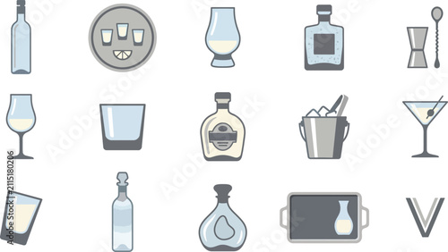 Quadro su tela Collection of flat vector icons representing alcoholic beverages, cocktail glasses, bar tools, and spirit bottles