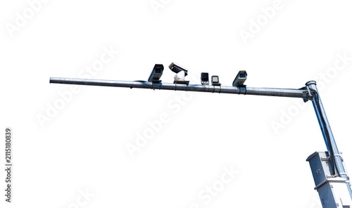 Multiple traffic surveillance cameras, sensors and LED illuminators mounted on a metal roadside gantry, isolated on white transparent