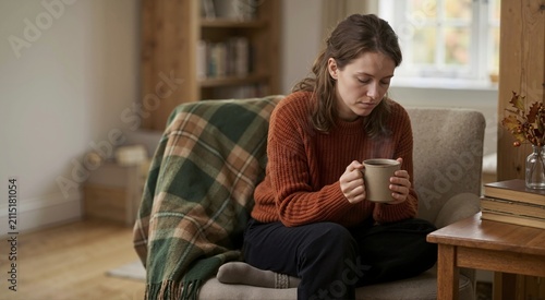 Sad woman holding a cup of tea looking down with a melancholic expression. Thoughtful female sitting in an armchair in a cozy autumn room