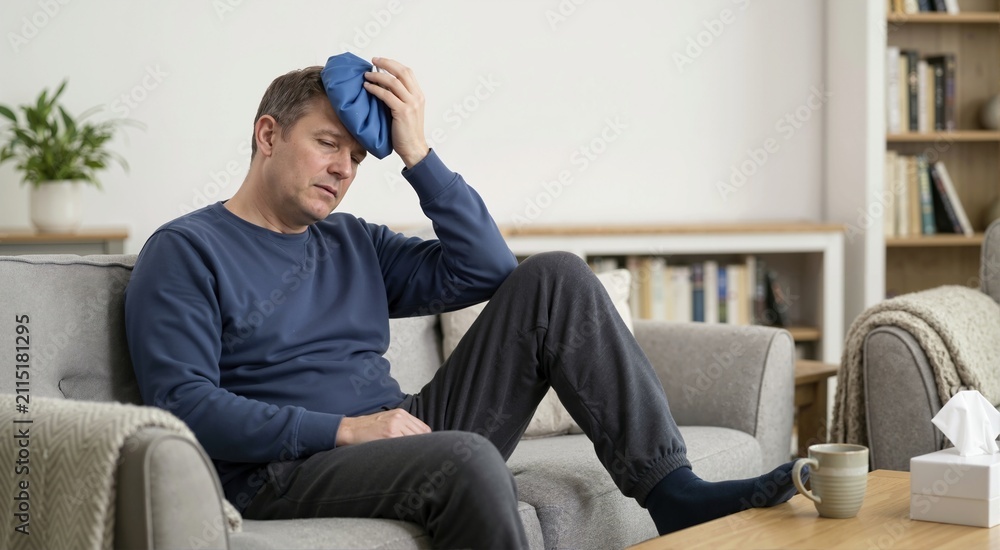 Fototapeta premium Sick man holding an ice pack against his forehead while sitting on a sofa. Adult male suffering from a severe headache or fever at home. Pain relief concept