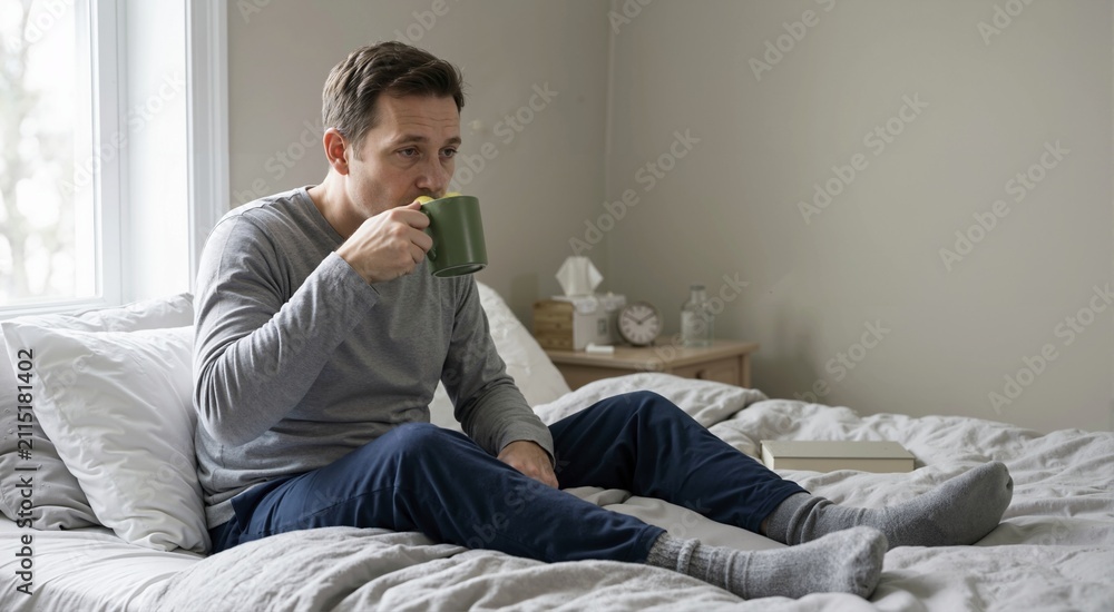 Fototapeta premium Sick man drinking hot water with lemon from a mug while sitting in bed. Unwell adult male resting at home with a cold. Healthcare and home remedy concept