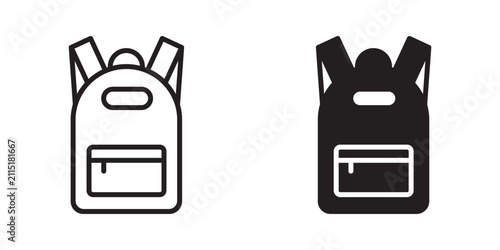 Backpack Icon Set. Travel Bag, School Backpack, Hiking Pack, Camping Rucksack, Luggage, Outdoor Gear, and Carry Bag Symbols Collection. Flat Vector Illustration.
