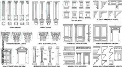 Canvastavla Classical architectural drawings of pilasters, columns, capitals, pedestals, and