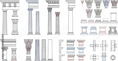 Bild auf Leinwand Comparative architectural drawings of Greek and Roman classical column orders wi