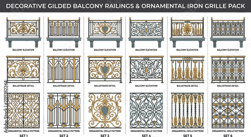 Foto Decorative gilded balcony railings and ornamental iron grilles