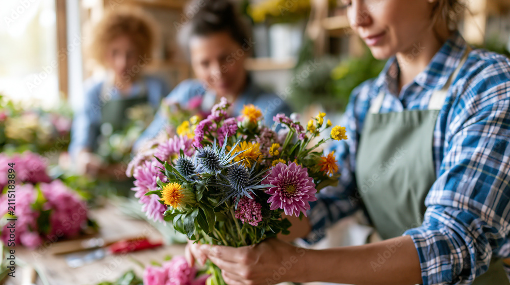 Fototapeta premium Faceless florists arranging bouquets in bright workshop during collaborative professional floral design session, team florist concept, small business photography, blurred workshop