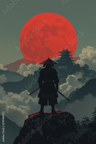 A samurai warrior stands on top of a cliff in an amigas straw hat and with two swords, contemplating a majestic castle on a distant mountain against the backdrop of a huge blood-red moon.