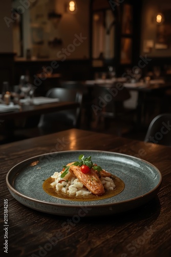 Seared scallops in a rich sauce, garnished with fresh microgreens and served on a dark plate alongside a glass of white wine.