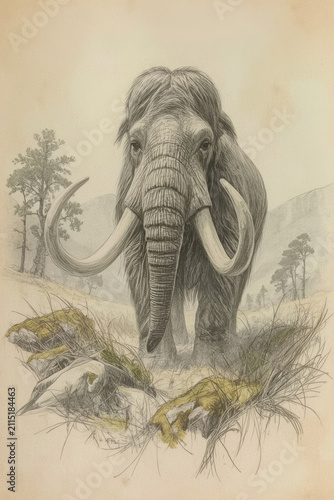 A mighty woolly mammoth with large curved tusks walks through thickets of grass and boulders against a forested mountain landscape.