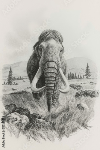 A mighty woolly mammoth with large curved tusks walks through thickets of grass and boulders against a forested mountain landscape.