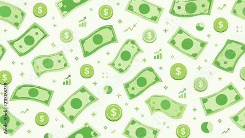Green money pattern with banknotes, coins, and small finance symbols scattered across a pale background, money, banknotes, coins,