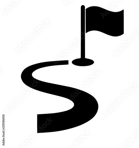 Minimalist graphic icon showing a winding path leading to a destination flag pole marker with destination