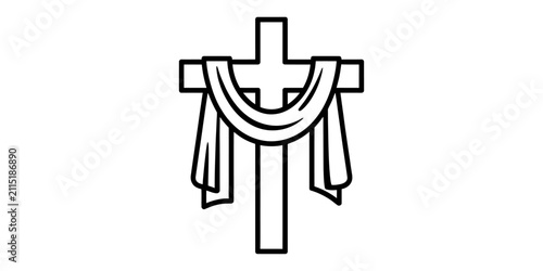 Foto Simple black and white line art illustration of a christian cross with a draped