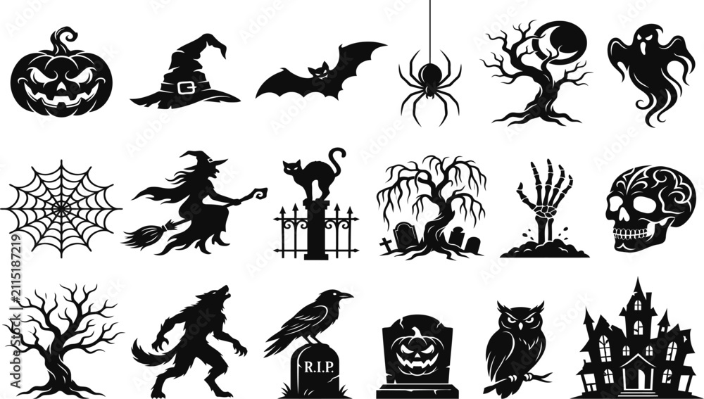 Obraz premium Halloween Silhouette Icon Set with Witch, Pumpkin, Ghost and Castle.