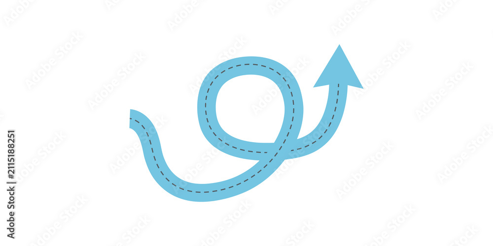 Fototapeta premium Blue swirling path arrow with dashed line showing direction.