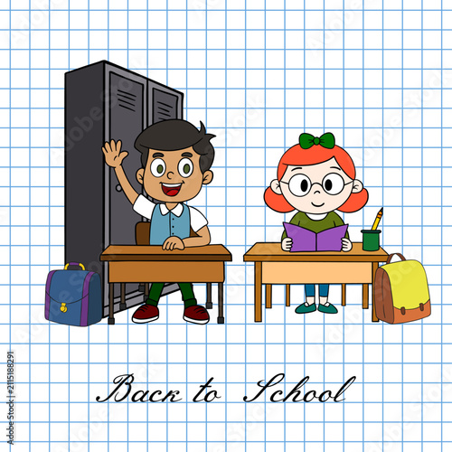 Hand-drawn school banner featuring a blue grid notebook paper background with a colorful Back to School scene and a spacious blank area for custom text or information