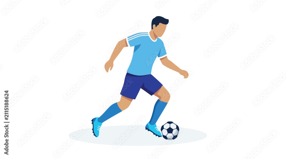 Obraz premium Soccer player dribbling a ball. Male athlete running with football in flat vector style.