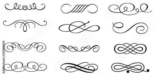 Collection of twelve black flourishes and swirls with transparent background, decorative ornate vintage
