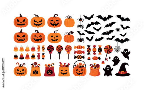 Halloween candy and pumpkin icon set with orange spooky holiday objects, halloween, icons, pumpkins, candy, bats, orange, black,