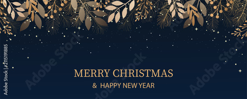Merry Christmas and Happy New Year dark blue banner with golden leaves.