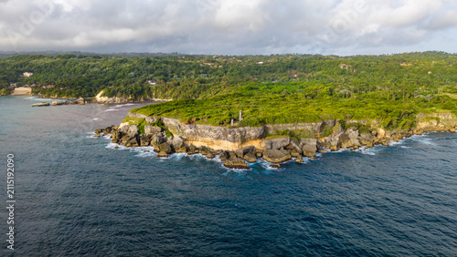 Aerial view of Cabo Frances Viejo, featuring lush green cliffs, dense vegetation, and turquoise waters meeting the Atlantic Ocean in Cabrera, Maria Trinidad Sanchez, Dominican Republic.