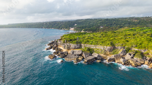 Aerial view of Cabo Frances Viejo, featuring lush green cliffs, dense vegetation, and turquoise waters meeting the Atlantic Ocean in Cabrera, Maria Trinidad Sanchez, Dominican Republic.