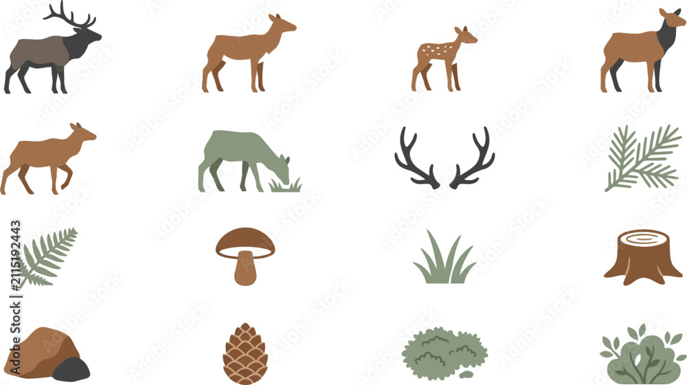 Fototapeta premium Collection of flat vector icons showing elk in different positions alongside woodland nature and forest elements