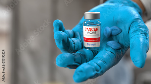 Medical worker holding a cancer vaccine and Sildenafil medication vial in a laboratory